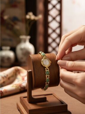 Elgin Gold Bracelet Watch with Green Jade Stone Accents-EUC